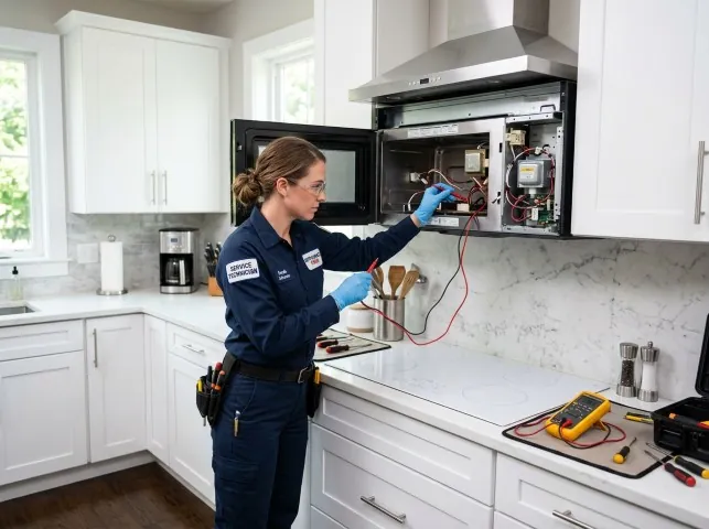 Appliance Repair Hero technician testing an over-the-range microwave in a Belle Plaine, IA kitchen